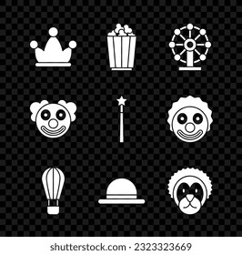 Set Jester hat with bells, Popcorn in box, Ferris wheel, Hot air balloon, Clown, Wild lion, head and Magic wand icon. Vector