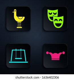 Set Jester hat with bells, Riding kid duck, Swing and Comedy theatrical masks. Black square button. Vector