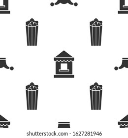 Set Jester hat with bells, Ticket box office and Popcorn in cardboard box on seamless pattern. Vector