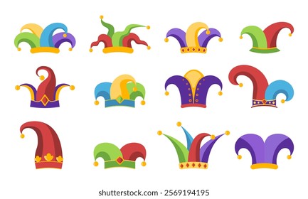 Set of jester hats isolated on white background. Design elements for April Fools Day. Vector illustration