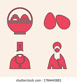 Set Jesus Christ, Basket with easter eggs, Easter eggs and Priest icon. Vector