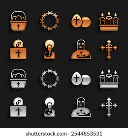 Set Jesus Christ, Burning candle in candlestick, Christian cross, Knight crusader, Donation for church, Easter egg, Basket with easter eggs and Crown of thorns icon. Vector