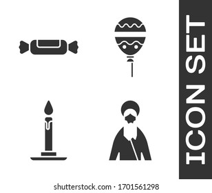 Set Jesus Christ, Candy, Burning candle in candlestick and Balloons with ribbon icon. Vector