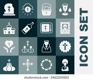 Set Jesus Christ, Christian cross, icon, Basket with easter eggs, Holy water bottle, Church building, Grave tombstone and Online church pastor preaching icon. Vector