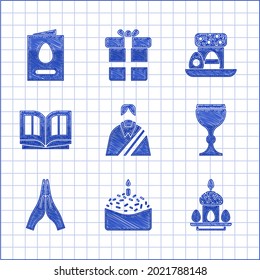 Set Jesus Christ, Easter cake and candle, eggs, Wine glass, Hands praying position, Holy bible book,  and Greeting card with Happy icon. Vector