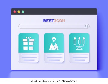 Set Jesus Christ, Gift box and Candelabrum with candlesticks icon. Vector