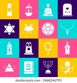 Set Jesus Christ, Monk, Christian cross chain, Buddhist monk, Pastafarianism, Star of David, Priest and Pentagram circle icon. Vector