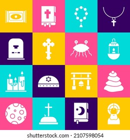 Set Jesus Christ, Stack hot stones, Ramadan Kareem lantern, Rosary beads religion, Christian cross, Tombstone with RIP written, Traditional carpet and Pastafarianism icon. Vector