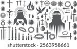 Set Of Jesus Christian Elements Silhouettes Religious Symbols Crosses, Crowns, And Sacred Icons In Black Silhouettes