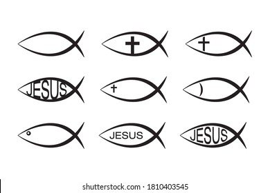 Set of Jesus Fish icons, Christian Ichthys Fish symbol icon