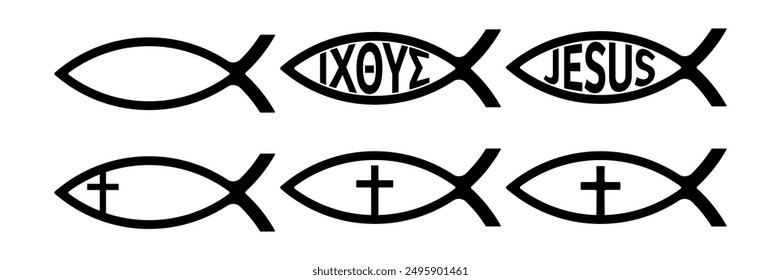 Set of Jesus fish signs. Christian fish with Greek acronym for Jesus Christ, God's Son, Savior. Religious symbol. Vector