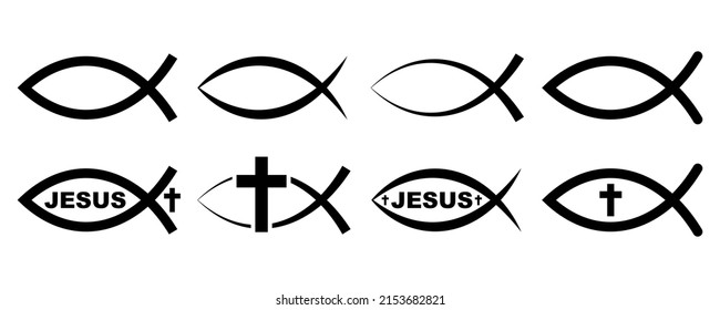 Set of Jesus fish vector icons. Christian symbol. Religious sign. Faith on jesus.