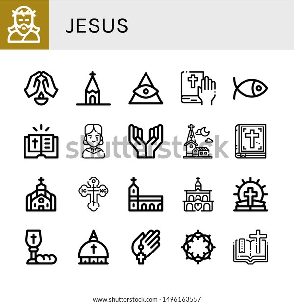 Set of jesus icons such
as Jesus, Prayer, Church, God, Bible, Christianity, Gothic,
Orthodox cross, Monastery, Communion, Vatican, Crown of thorns ,
jesus