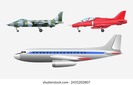 Conjunto de aviones a reacción de diferentes años sobre fondo blanco. Ilustración vectorial realista