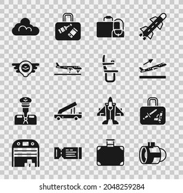 Jet-Triebwerk-Turbine, Koffer, Flugzeugabheben, Luftfahrt-Emblem, Wolkenwetter und Flugzeugsitzsymbol. Vektorgrafik