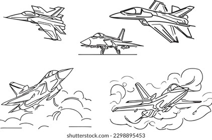 set of  jet fighter airplanes line art vector