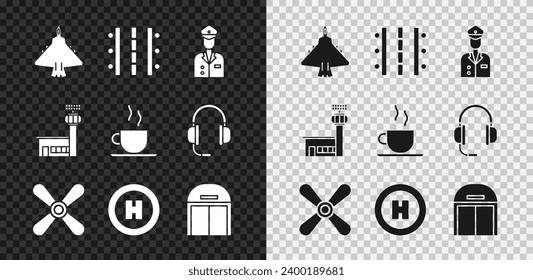 Set Jet fighter, Airport runway, Pilot, Plane propeller, Helicopter landing pad, Aircraft hangar, control tower and Coffee cup icon. Vector