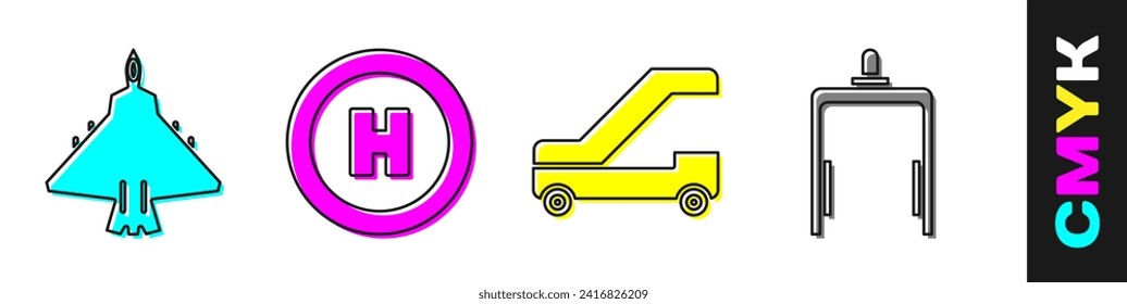 Set Jet fighter, Helicopter landing pad, Passenger ladder for plane boarding and Metal detector in airport icon. Vector