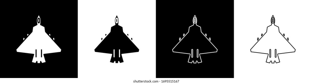 Set Jet fighter icon isolated on black and white background. Military aircraft.  Vector Illustration