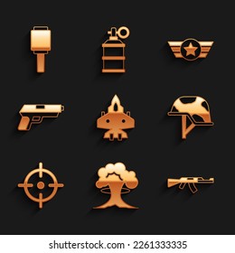 Fijar caza a reacción, explosión nuclear, subametralladora, casco militar, deporte objetivo, Pistol, ejército estadounidense estrella e icono de granada de mano antitanque. Vector