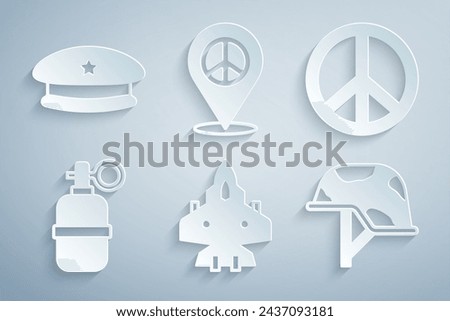 Set Jet fighter, Peace, Hand grenade, Military helmet, Location peace and beret icon. Vector