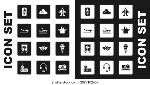 Set Jet fighter, Plane landing, Mobile with ticket, Trolley for food, Cloud weather, Hot air balloon and Radar targets monitor icon. Vector