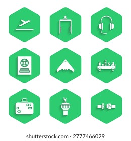 Set Jet fighter, Radar, Safety belt, Airport luggage towing truck, Suitcase, Passport, Headphones with microphone and Plane takeoff icon. Vector