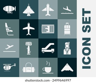 Set Jet fighter, Stewardess, Suitcase, Plane, Airplane seat, Airship and Airport board icon. Vector