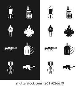 Set Jet fighter, Torch flame, Rocket launcher, Walkie talkie, Submachine gun, Military dog tag, M16A1 rifle and reward medal icon. Vector