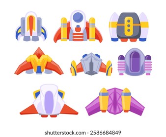 Set of jet pack collection, Equipment for personal air flight. Future technology, jetpack cartoon, Rocket fly. School boy, Fire jet pack. Air model, isolated on white background, vector illustration.