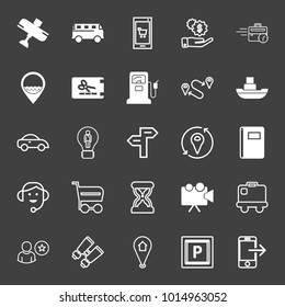 set of jet plane, bus, shopping app, business, sea location, coupon, fuel station, route, boat, car, idea, road sign, notebook, operator, cart, stopwatch, camera, luggage, binoculars, park vector icon