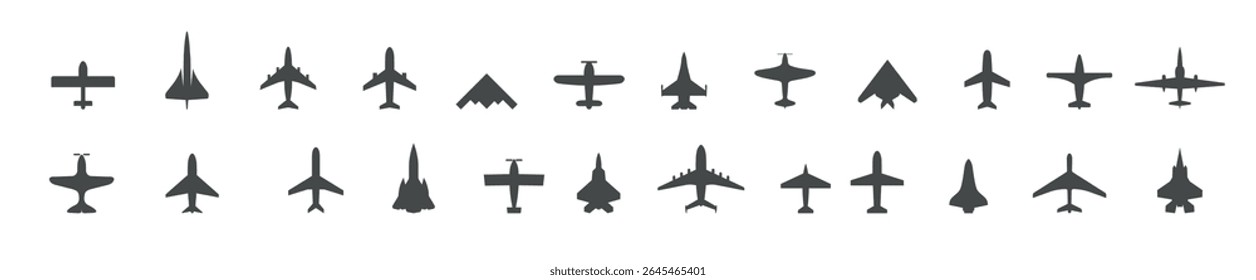 Set of jet plane, top view icons. Black silhouette airplanes, jets, airliners and retro planes. Isolated vector illustration.