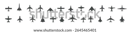 Set of jet plane, top view icons. Black silhouette airplanes, jets, airliners and retro planes. Isolated vector illustration.