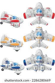 A set of jet planes. Top and side view. Isolated on white background. Vector illustration.