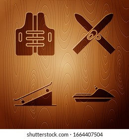Ponga moto acuática, chaleco salvavidas, skateboard en rampa y esquí y palos en fondo de madera. Vector