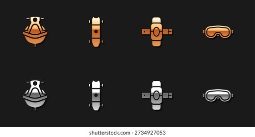 Set Jet ski, Longboard or skateboard, Knee pads and Ski goggles icon. Vector