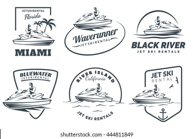 Set of Jet Ski rental logo, badges and emblems isolated on white background. Water scooter with man.