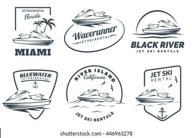 Set of Jet Ski rental logo, badges and emblems isolated on white background. Watercraft transport logo.