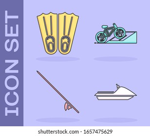 Set Jet ski, Rubber flippers for swimming, Surfboard and Bicycle on street ramp icon. Vector