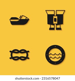 Set Jet ski, Ship porthole, Nautical rope knots and Binoculars icon with long shadow. Vector