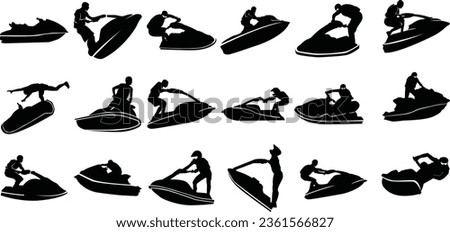 Set of jet ski silhouettes, isolated on white background