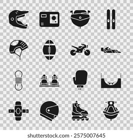 Set Jet ski, Skate park, Formula 1 racing car, Speedboat, Rugby ball, Helmet, Motocross motorcycle helmet and Motorcycle icon. Vector