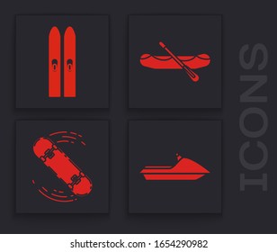 Set Jet ski, Ski and sticks, Rafting boat and Skateboard trick icon. Vector