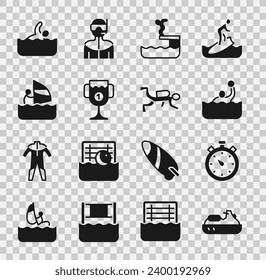 Set Jet ski, Stopwatch, Water polo, Swimmer diving into pool, Award cup, Windsurfing,  and Scuba diver icon. Vector