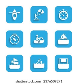 Set Jet ski, Swimmer, Water volleyball net, Yacht sailboat, Windsurfing, Compass, Stopwatch and Kayak and paddle icon. Vector