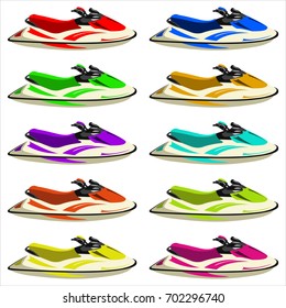 A set of jet skis in different colors isolated on a white background. Flat design. Vector illustration.
