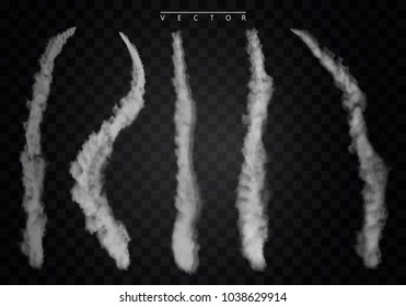 Set jet trailing smoke isolated vector. Foggy trail jet or plane, smoky effect after rocket illustration. Airplane condensation trails. Vector illustration EPS10