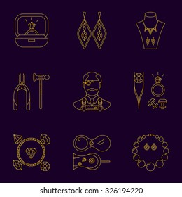 Set of jeweler profession linear icons. Vector concept of jewelry, handmade accessories, fashion. luxury items. Modern thin line style.