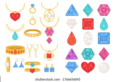 Set of jewelry colorful icons. Luxury precious jewelries of rings, necklaces, chains with pendants, earrings, bracelets, inlaid with diamonds, rubies, pearls and sapphires. Vector illustration, eps 10