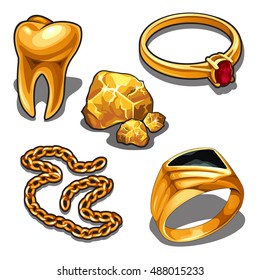 A set of jewelry and dentistry objects made of gold isolated on a white background. Vector illustration.